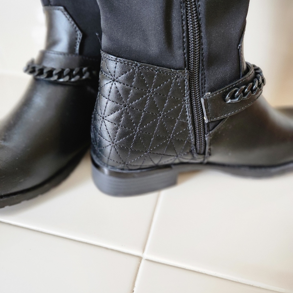 Atalina Black Chain Harness Knee High Riding Boots - Stretch Back Size 6.5 - Picture 5 of 15
